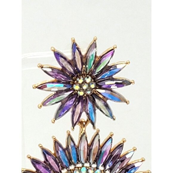 Amethyst Rhinestone Faceted Starburst Floral Statement Gold Tone Post Earrings - Picture 4 of 5